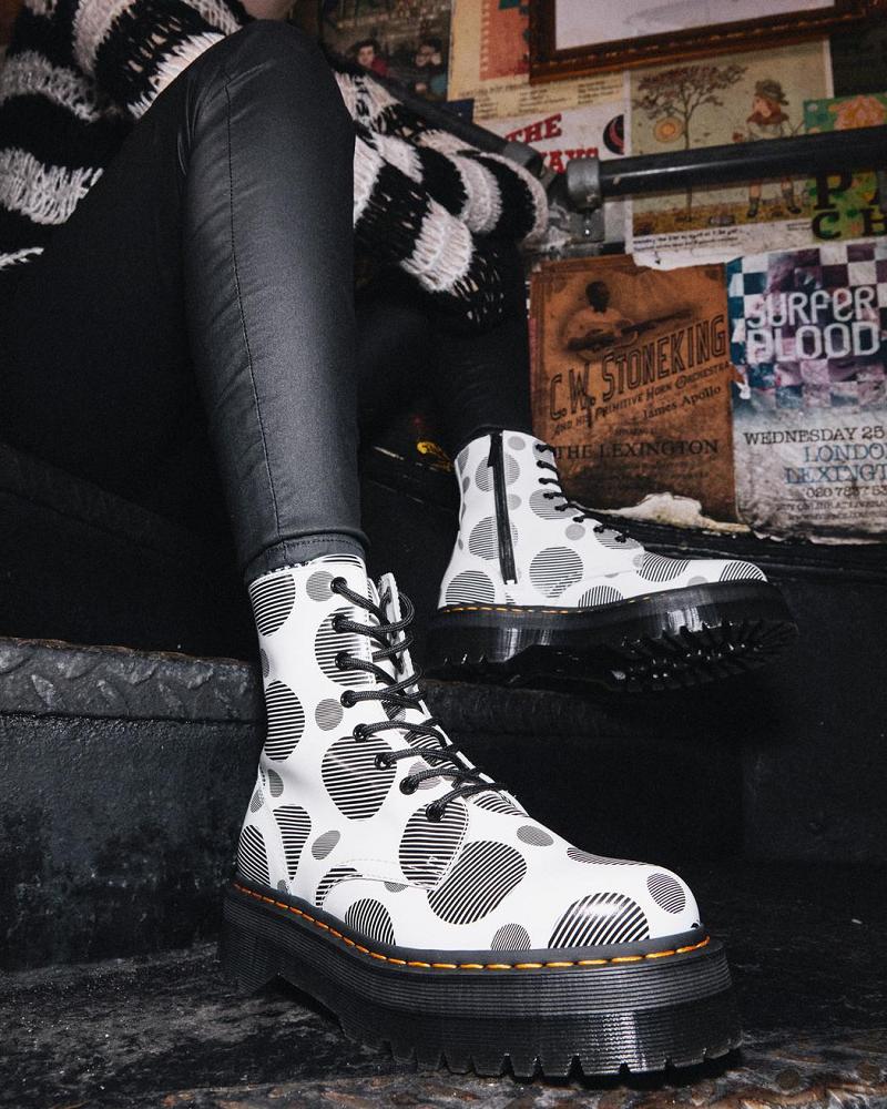 Dr Martens Jadon Polka Dot Smooth Læder Platform Støvler Herre Hvide | DK 558QMA